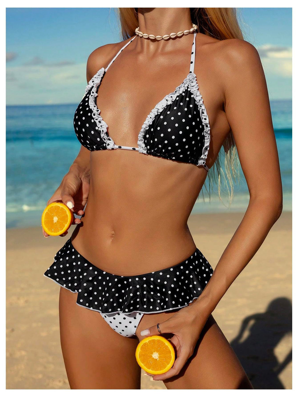 WDIRARA Women's Polka Dots Bikini Sets Ruffle Triangle 2 Piece Swimsuit Tie Backless Bathing Suit Black and White Large