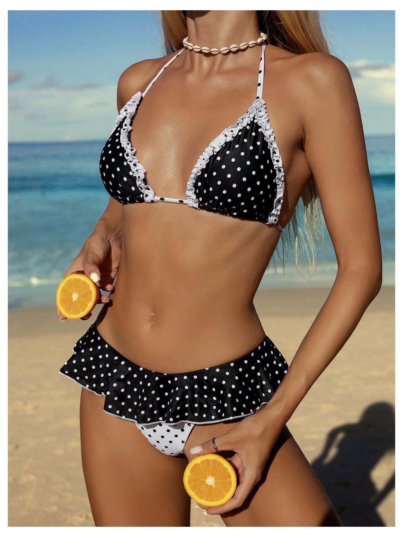 WDIRARA Women's Polka Dots Bikini Sets Ruffle Triangle 2 Piece Swimsuit Tie Backless Bathing Suit Black and White Large