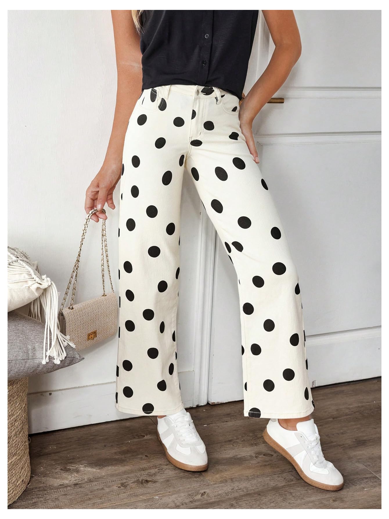 WDIRARA Women's Polka Dots Jeans Vintage Stretchy Straight Leg Denim Pants Beige 27