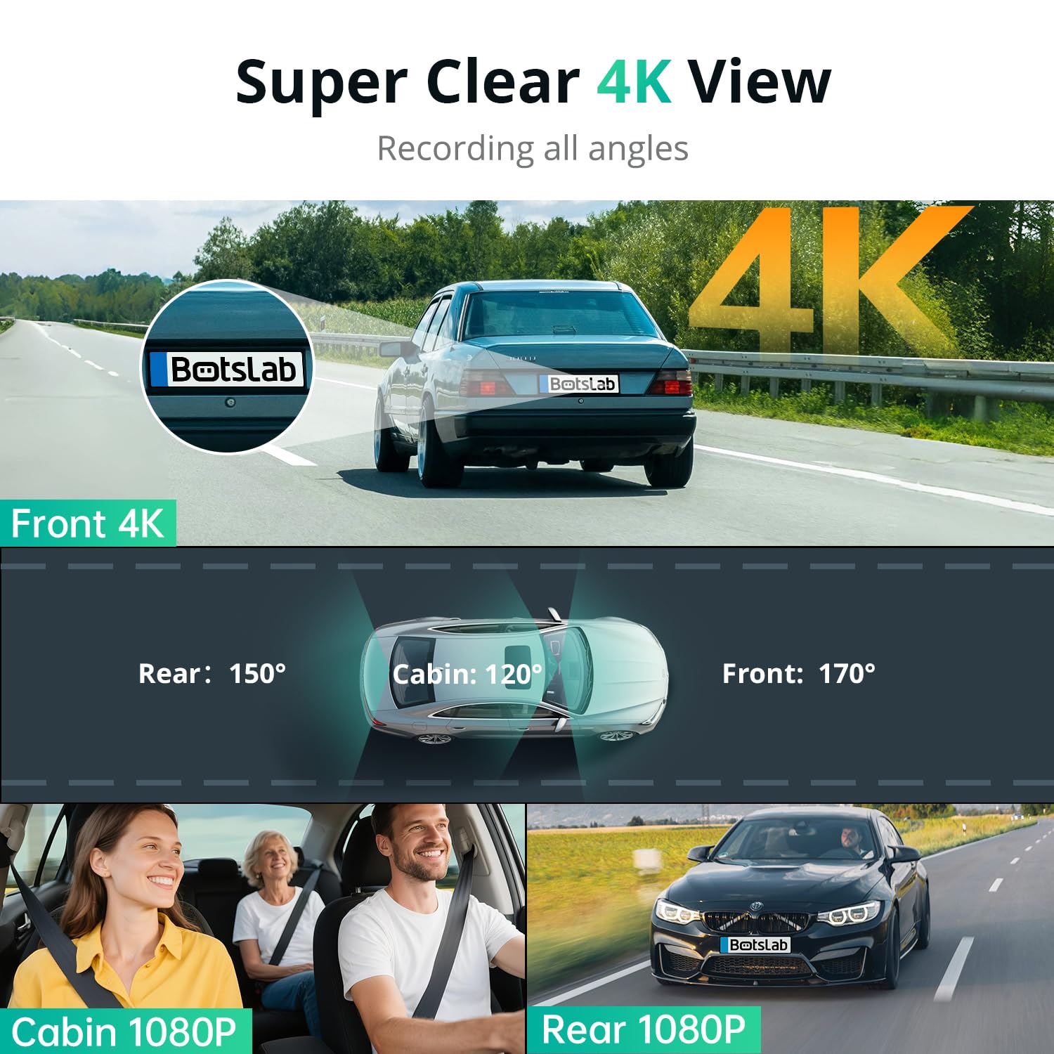 BOTSLAB 3 Channel Dash Cam 4K with 128GB Card, 3.18" Touch Screen, Voice Control, 4K Dash Cam Front and Rear Inside Loop Recording, 5.8GHz WiFi, GPS, Night Vision, WDR, Parking Mode