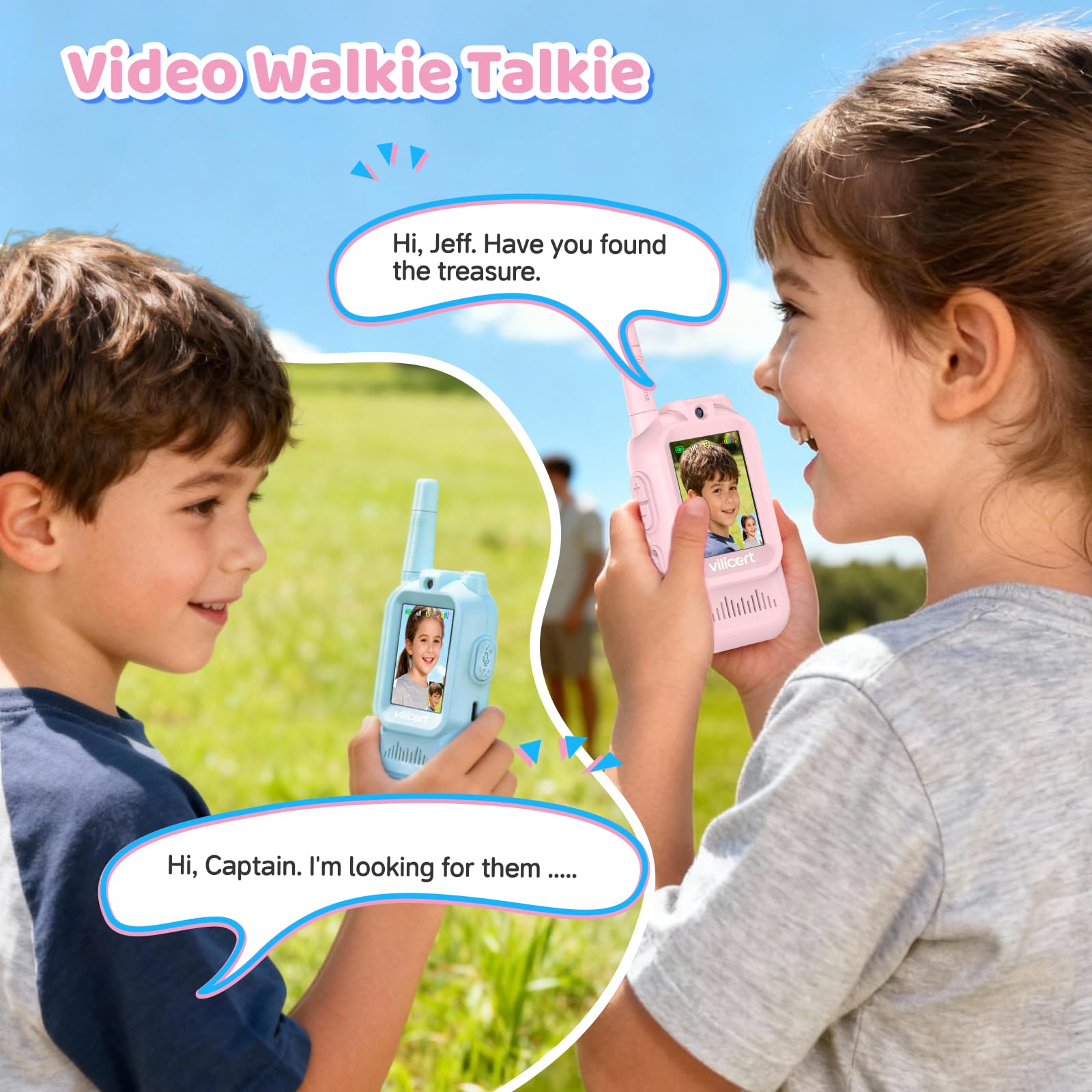 vilicert Video Walkie Talkie Toys for Age 3-12 Boys Girls, 2 Pack Walkie Talkies with Screen, Long Range 2 Way Radio with 4 Voice Effects, Christmas Birthday Gifts for Kids Indoor Outdoor Camping