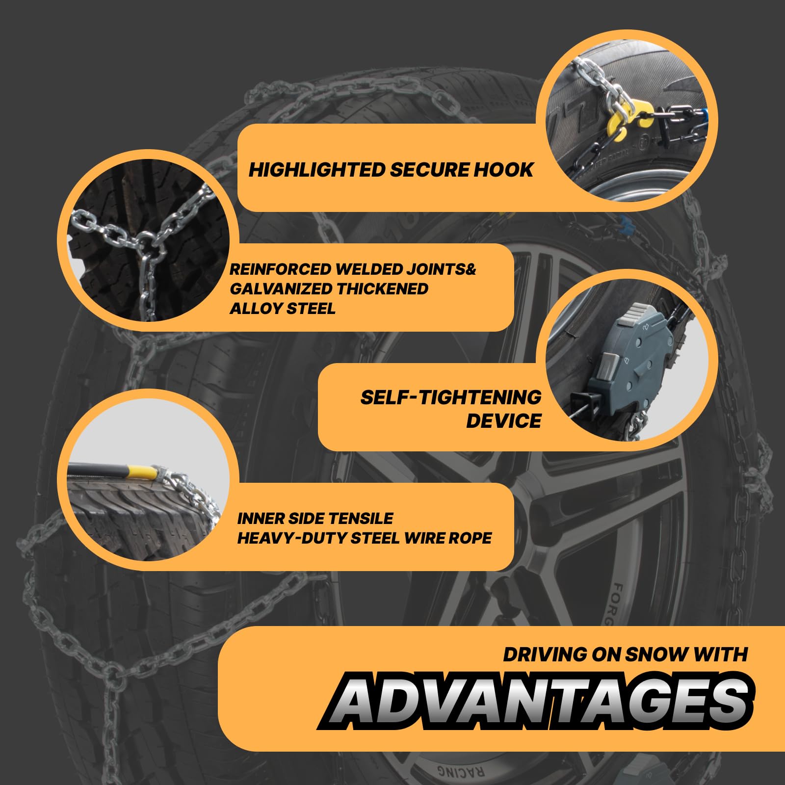 Auto Fixing Snow Chains for Pickup Trucks & SUVs Off-road, Heavy Duty Quick Fit & Easy Installation Snow Tire Chains, Portable Reusable Emergency Tire Traction Chain, Set of 2 (HPK-2335)