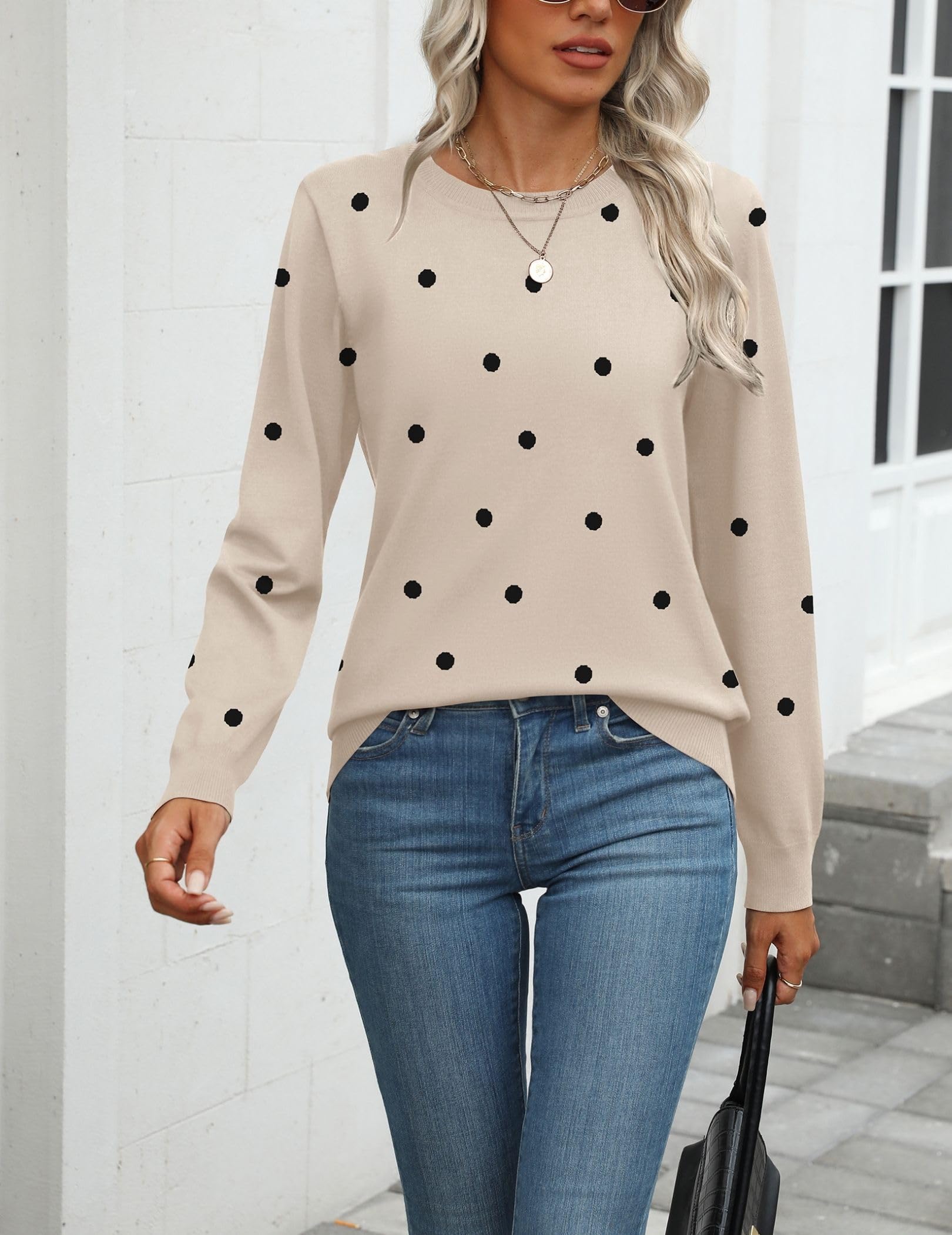 Zeagoo Womens 2026 Fall Sweaters Long Sleeve Tops Classic Crew Neck Pullover Sweaters Loose Dressy Polka Dot Basic Tops