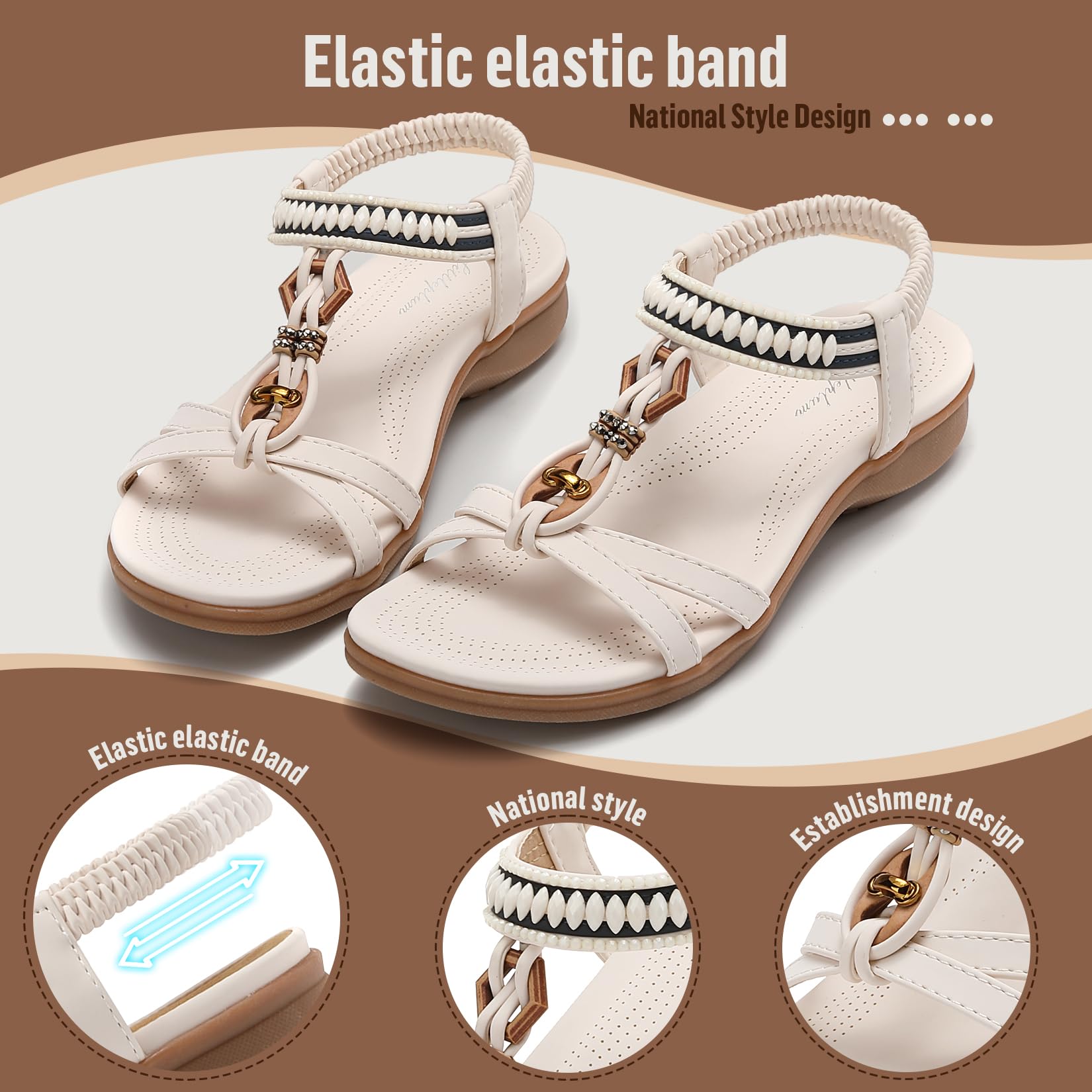 Littleplum Womens Flat Sandals Arch Support Summer Beach Sandals Comfort Walking Shoes Dress Ankle Elastic Bohemian Sandals for Women White Size 8.5