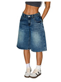 WDIRARA Women's Low Rise Baggy Denim Shorts Wide Leg Bermuda Jean Shorts Blue Washed 28
