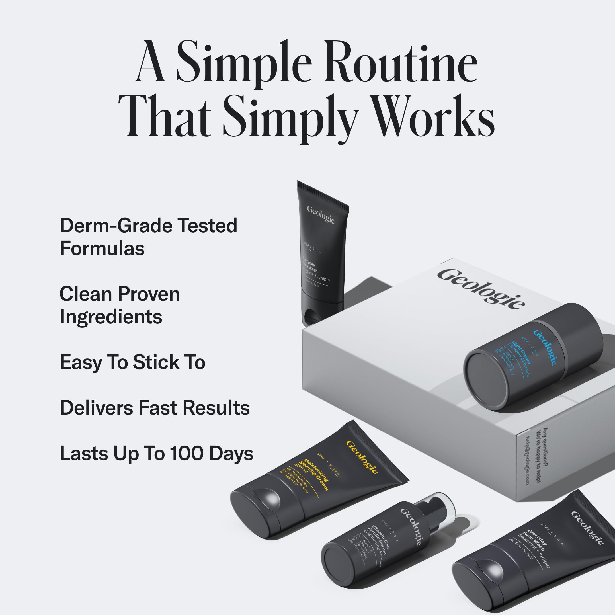 Geologie Skincare Gift Set | 5-Piece Kit Includes 2 Face Washes, SPF15 Moisturizer, Retinol Cream & Vitamin C Serum | Daily Routine for Clear, Healthy Skin for Men and Women | Lasts 3 Months
