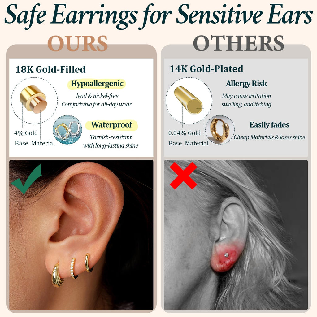 Poxtex Small 14K Gold Plated Huggie Hoop Earrings Set for Women, Hypoallergenic Trendy Hoops Stacks for Multiple Piercings, Dainty Cute Mini Lightweight Cartilage Helix Jewelry Gift Sensitive Ears