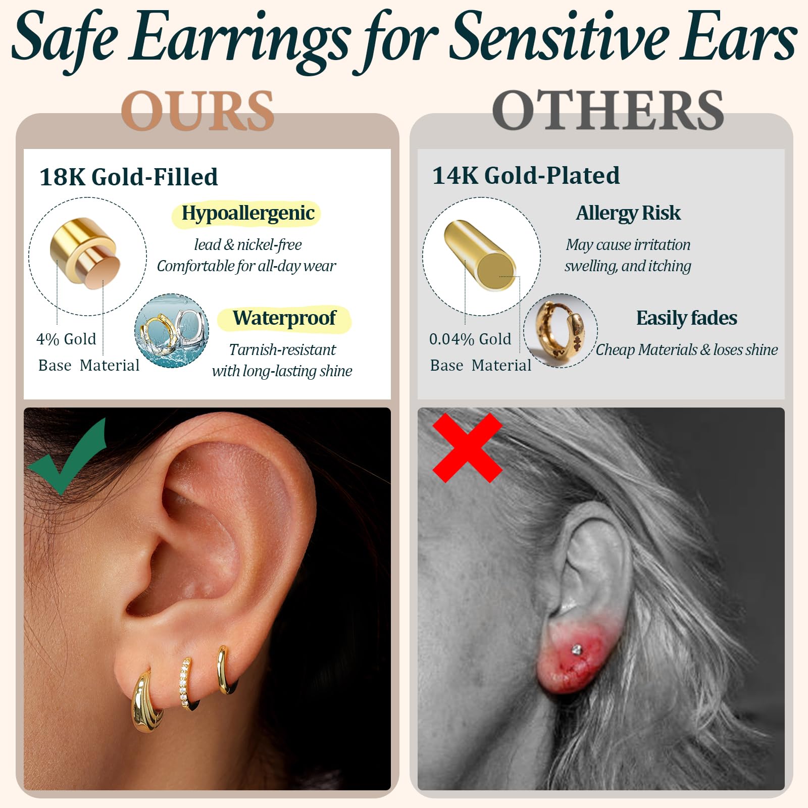 Poxtex Small 14K Gold Plated Huggie Hoop Earrings Set for Women, Hypoallergenic Trendy Hoops Stacks for Multiple Piercings, Dainty Cute Mini Lightweight Cartilage Helix Jewelry Gift Sensitive Ears