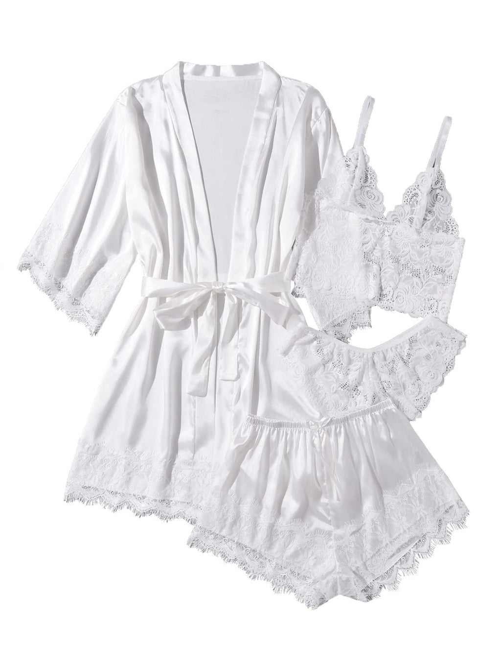 WDIRARA Women' Silk Satin Pajamas Set 4pcs Lingerie Floral Lace Cami Sleepwear with Robe Snow White L