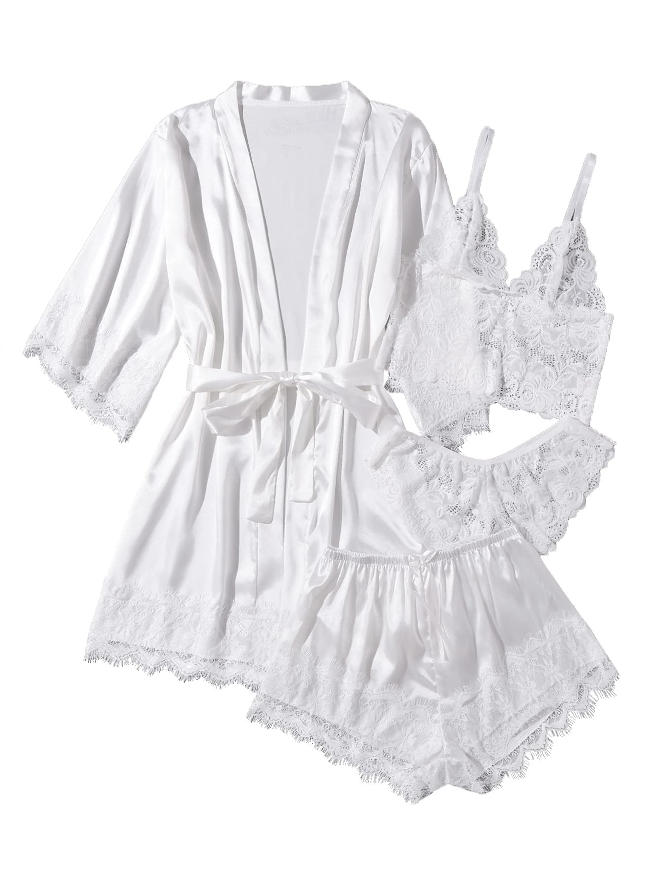 WDIRARA Women' Silk Satin Pajamas Set 4pcs Lingerie Floral Lace Cami Sleepwear with Robe Snow White L