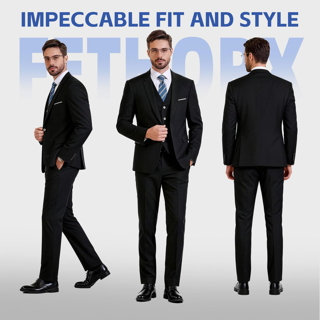 Men's Suit Set 2Pcs Slim Fit Elegant Solid Dress Blazer Pants,Formal Mens Tuxedo Set Single Breasted 2 Button for Business,Weddings,Parties,Proms,Interview,Funeral,Office(QH2501-Black-5-XL)