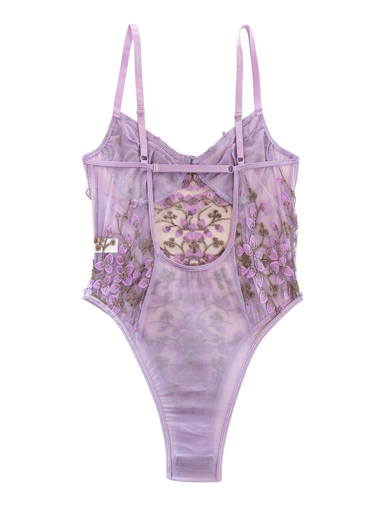 Lilosy Women Sexy Lace Up Floral Embroidered Teddy Babydoll Lingerie Bodysuit Top Mesh Sheer One Piece See Through Lavender Light Purple Medium