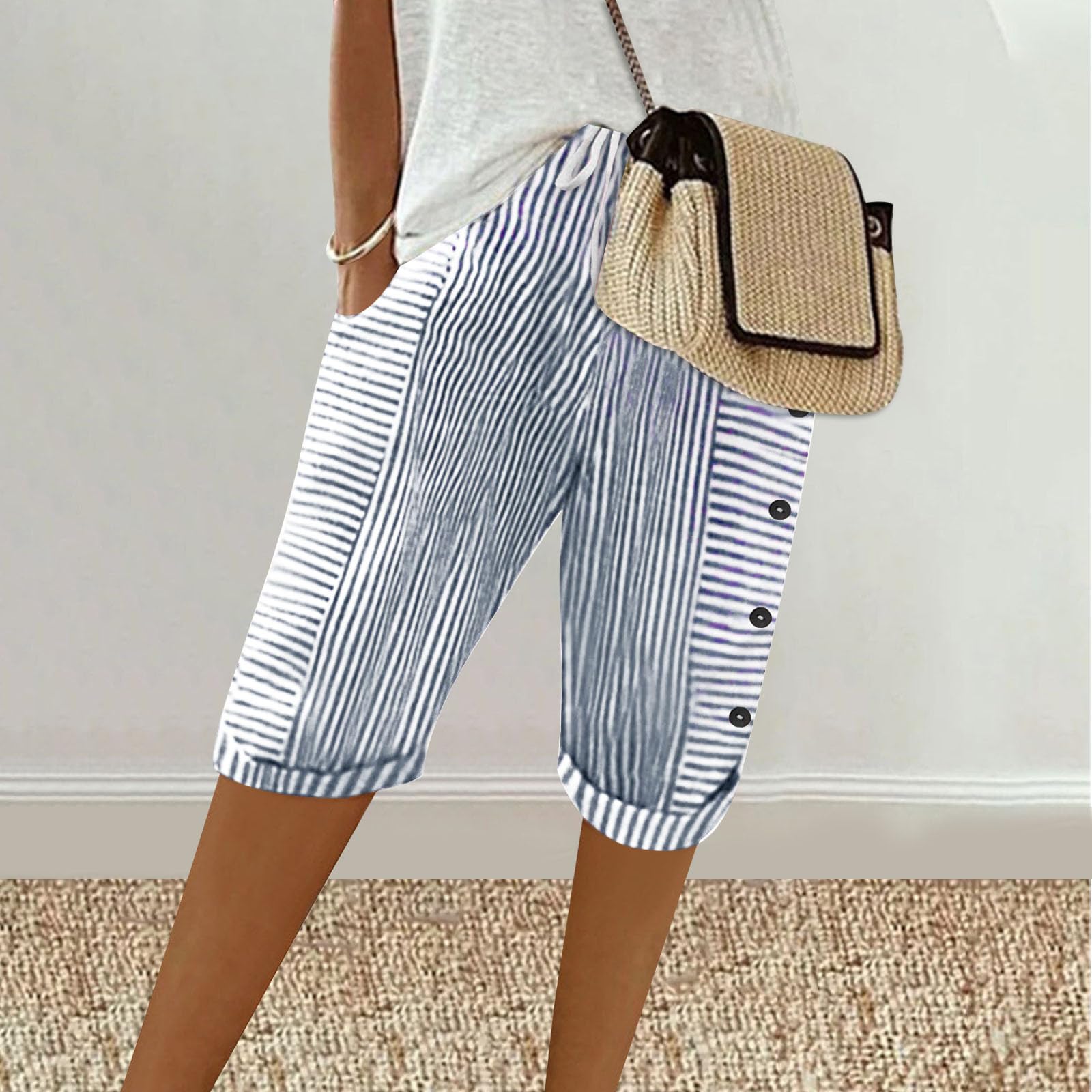 Womens Stripe Print Shorts Summer Knee-Length Casual Bermuda Shorts Lounge Short-s Elastic Waist Side Button Short+s Navy
