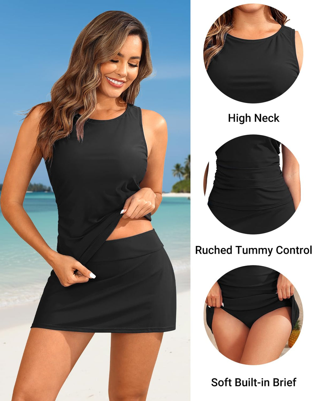 Daci Womens Black Tankini Swimsuits with Skirt - Two Piece Tummy Control Bathing Suits High Neck Swimwear L