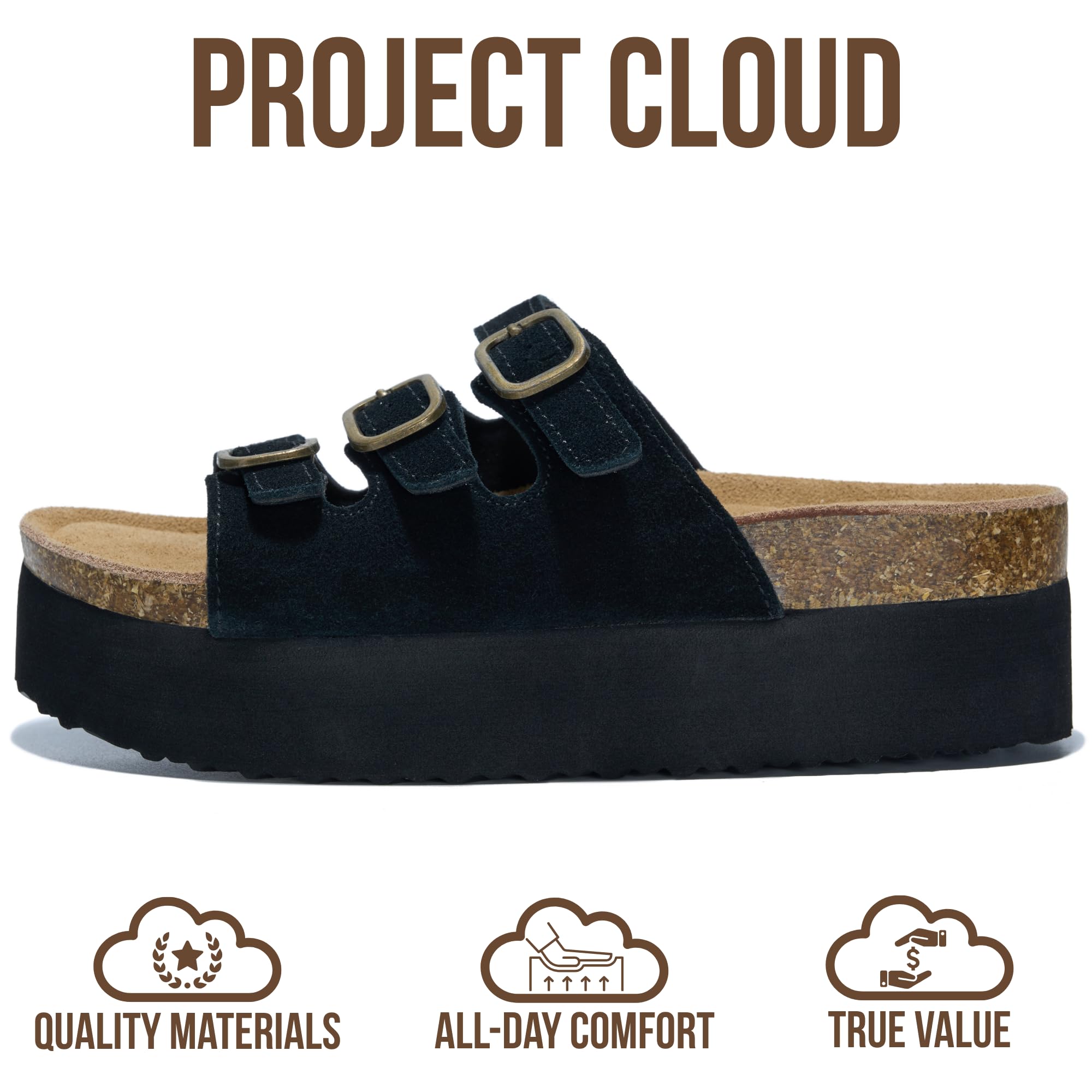 Project Cloud 100% Genuine Leather Platform Sandals Women Footwear - Comfortable Womens Slides Memory Foam Insole - Non Slip Water-Resistant 3-Strap Wedge Sandals for Women 2026 (Dyan, Black, 5.5)