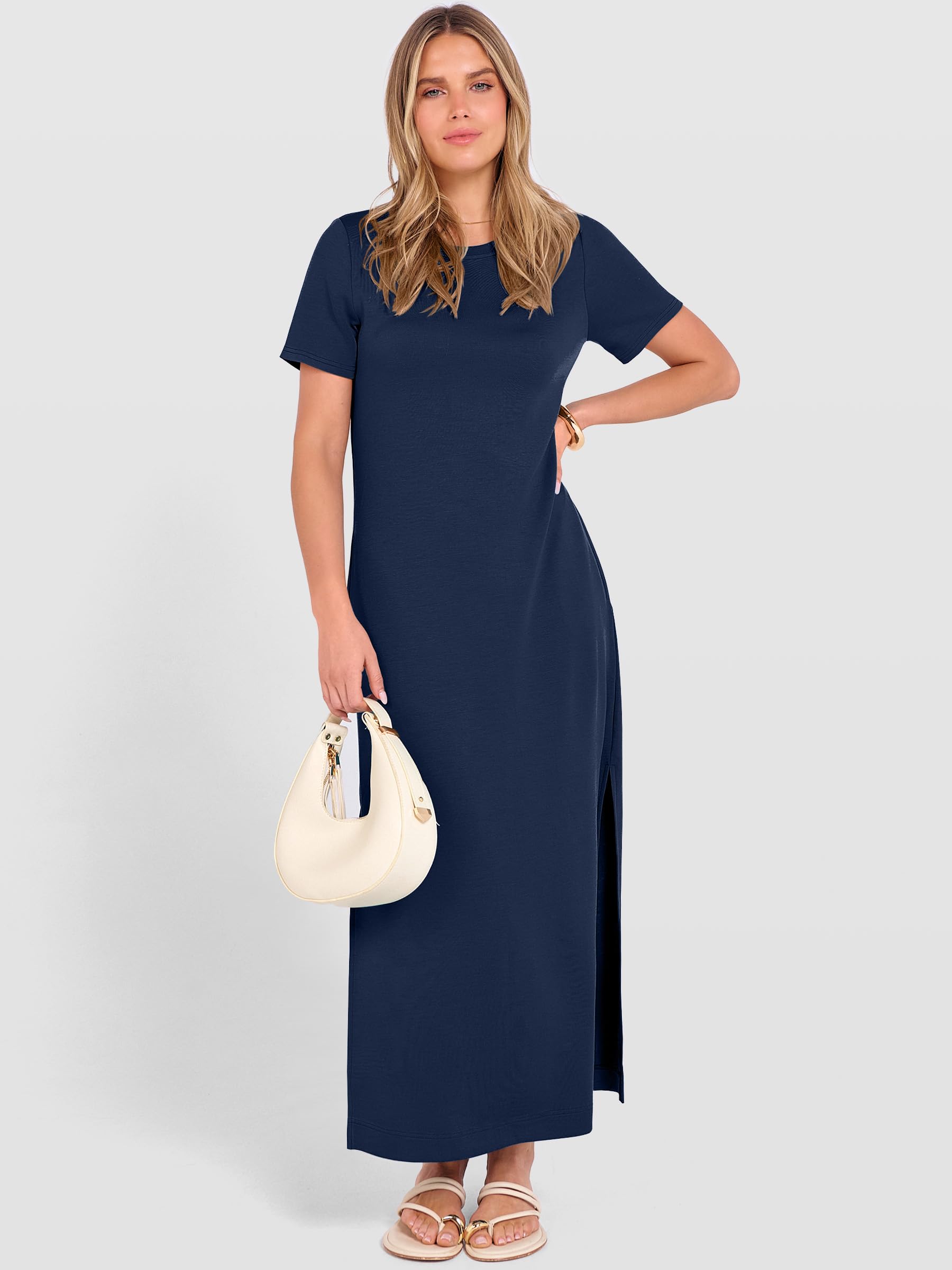 ANRABESS Womens Summer Casual Maxi Dress Short Sleeve Crewneck Split Wrinkle-Free Travel Long Sundress Beach Vacation Clothes Navy Blue Large
