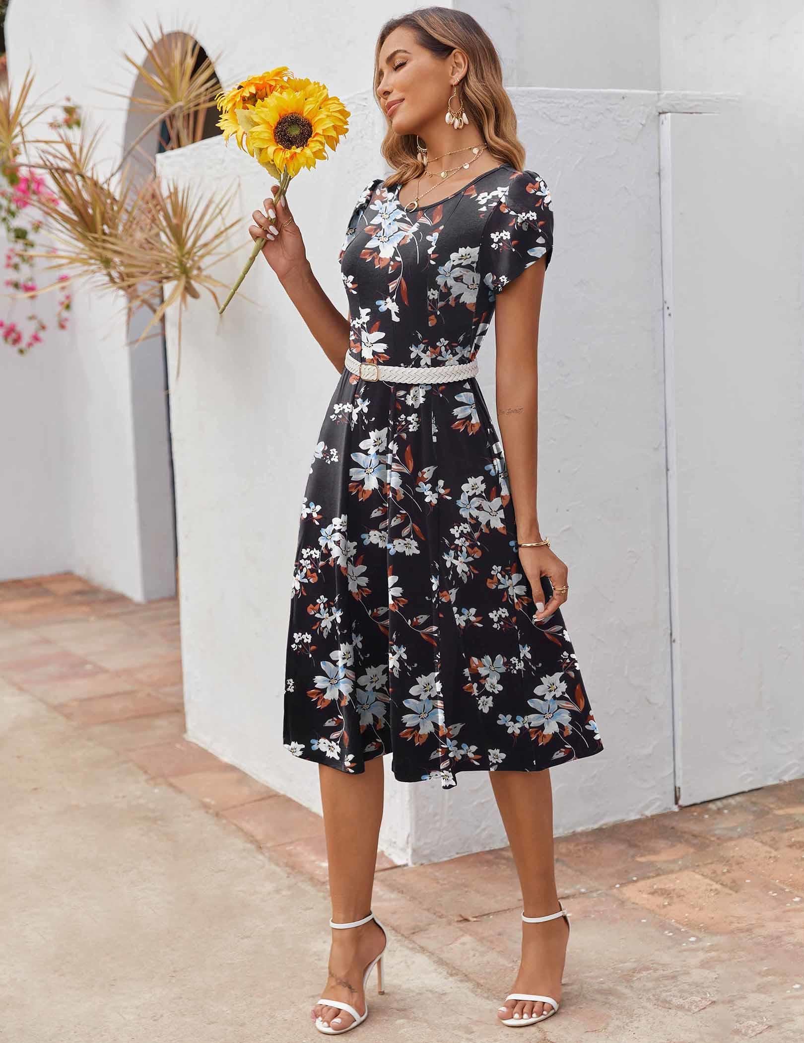 Zeagoo Plus Size Womens Casual Summer Dresses Midi Fit and Flare Dresses for Women Loose Fit Long Dress Black Flower