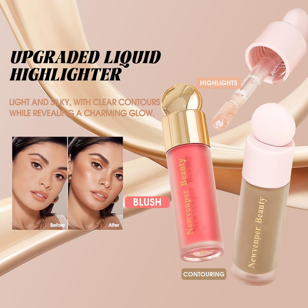 Liquid Contour,Liquid Highlighter, Blush with Face Brush Long Lasting Smooth Lightweight Smudge Proof Contour+ Blush+ Highlighter