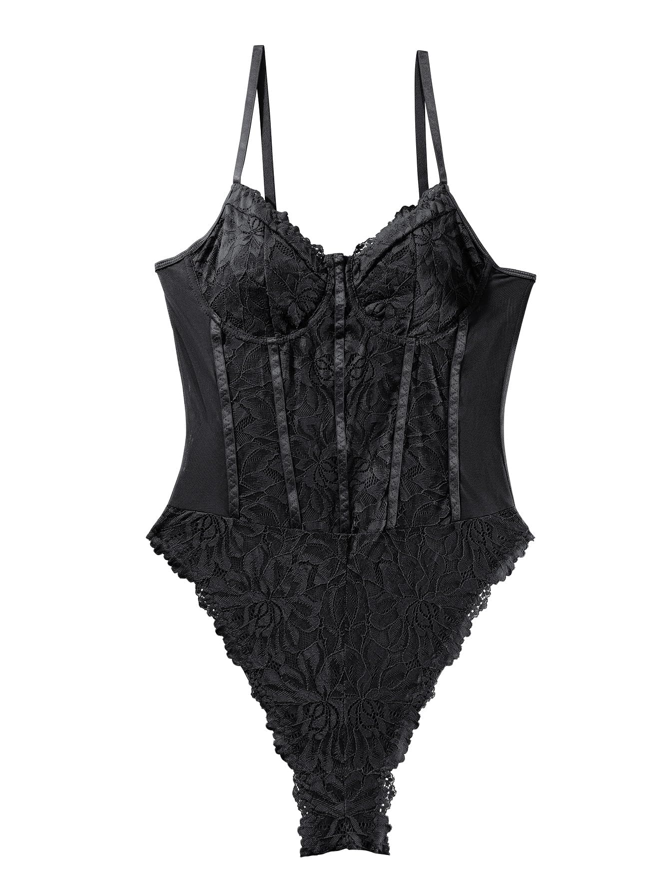 Lilosy Petite Sexy Corset Top Floral Lace Mesh Sheer Lingerie Bodysuit Bustier Cami Outfits See Through Concert Going Out One Piece Women Black 2X-Small