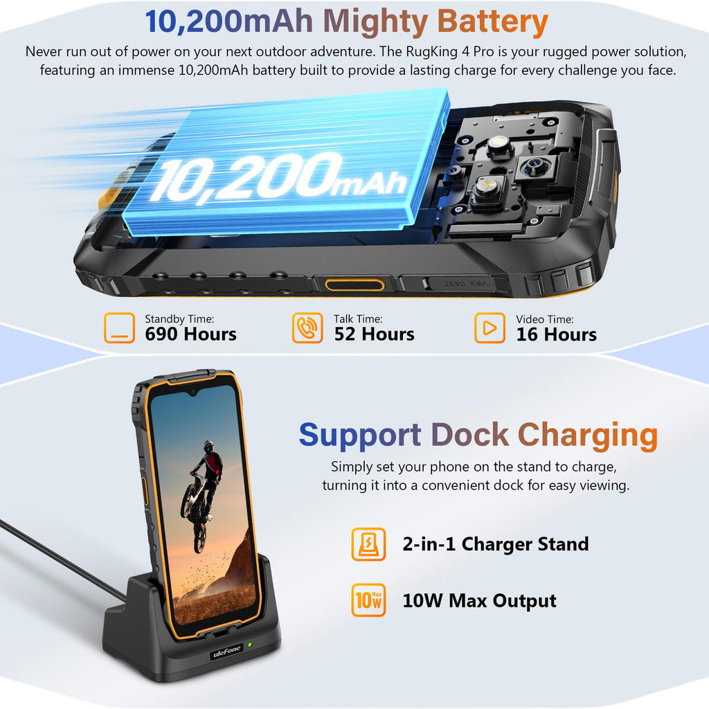 Ulefone RugKing 4 Pro Android 15 Rugged Phone, 16GB+256GB 10200mAh Battery 6.56" 120Hz Display Tough Smarthone, 48MP Main Camera, Built-in Glare Flashlight, NFC/ 4G Dual SIM/Widevine L1 - Orange