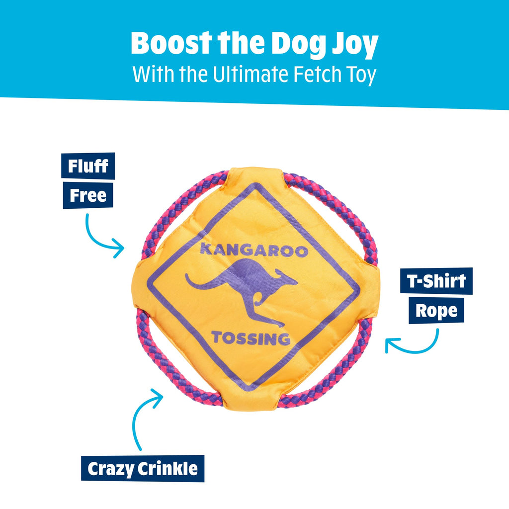 Barkbox Kangaroo Tossing Flying Disc Dog Toy | Fluff-Free Crinkle Disc with T-Shirt Rope Edge | Durable Fetch & Tug Toy for Dogs & Puppies