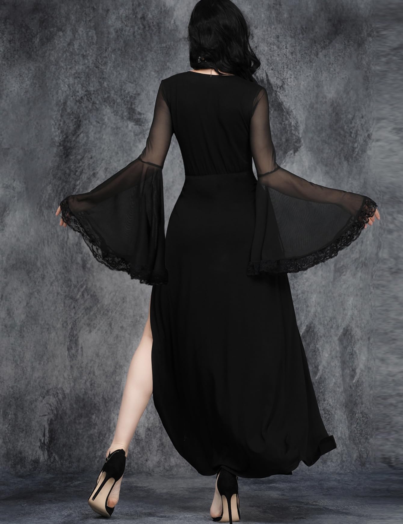 InGoticos Women Gothic V Neck High Slit Witch Sleeve Lace Patchwork Ghost Bridal Goth Dress Without Corset Black
