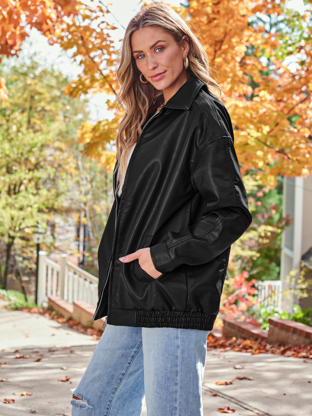 AUTOMET Women's Oversized Faux Leather Jacket - Fall Motorcycle Style Coat with Zipper Closure Black M