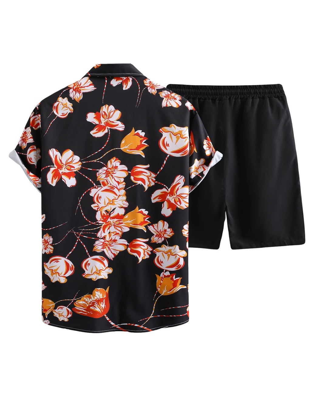 GORGLITTER Men's Vacation Beach Cruise Summer Outfits 2 Piece Shorts Set Hawaiian Button Down Shirt and Shorts Black Multi Large