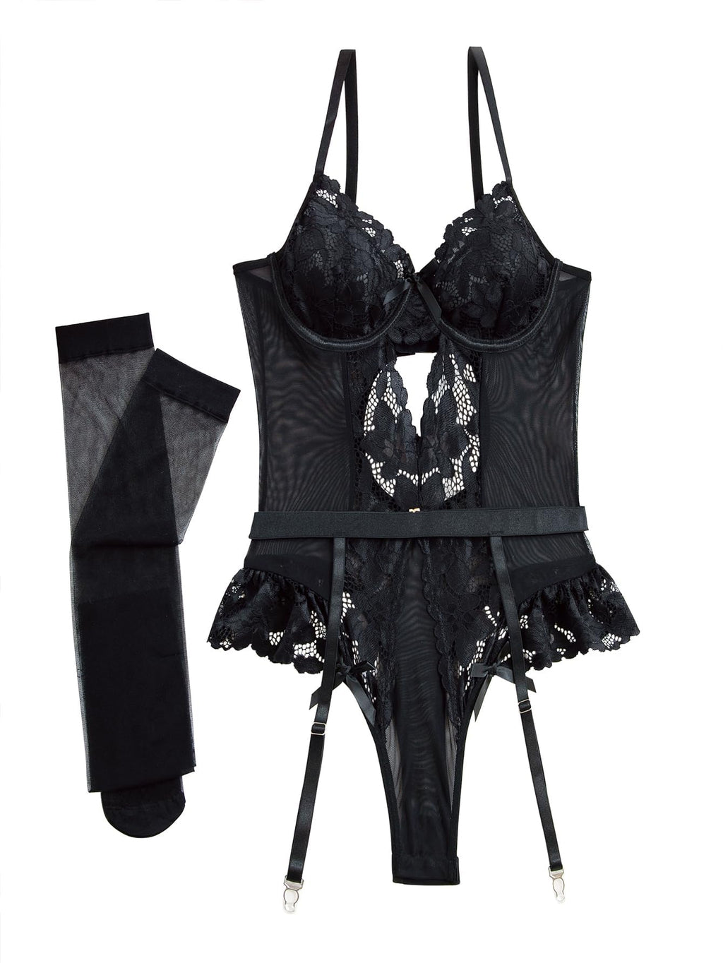 Lilosy Petite Sexy Stocking Lace Mesh Bodysuit Top Underwire Garter Lingerie Set One 3 Piece Bows Push Up Floral Sheer Women Teddy See Through Lenceria Black 3X-Small
