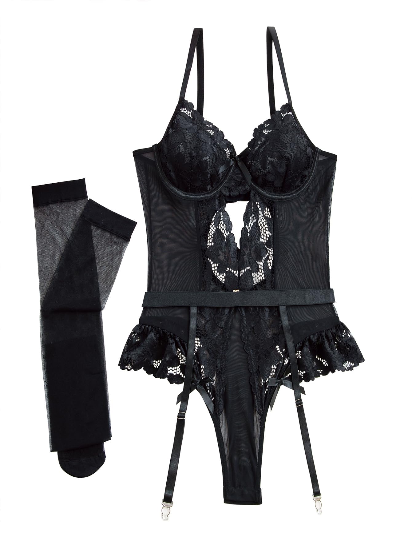 Lilosy Petite Sexy Stocking Lace Mesh Bodysuit Top Underwire Garter Lingerie Set One 3 Piece Bows Push Up Floral Sheer Women Teddy See Through Lenceria Black 3X-Small