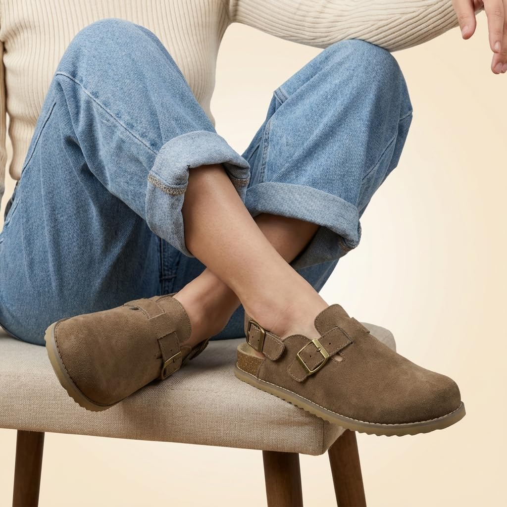 CUSHIONAIRE Brooklyn Suede Womens Slides– Comfortable Clog Mules with Adjustable Buckles – Summer Shoes for Women,TAUPE 11W