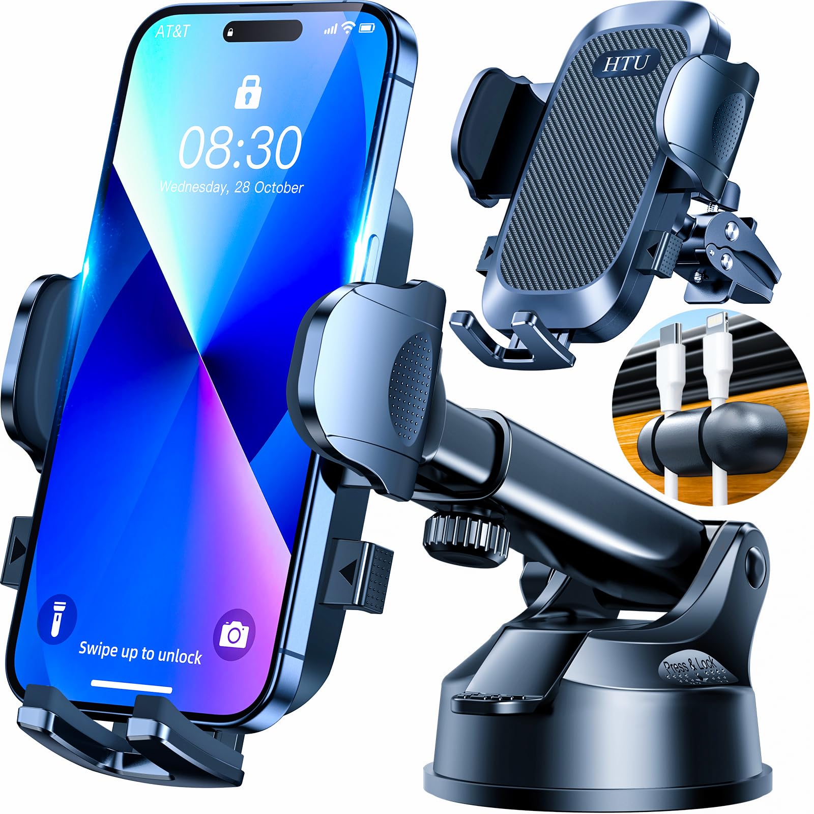 HTU 2026 Upgraded [True Military-Grade] Car Phone Holder【Safety Certs & No Smell】 Cell Phone Holder for Car Mount for Dashboard Windshield Air Vent Long Arm Thick Case,Black