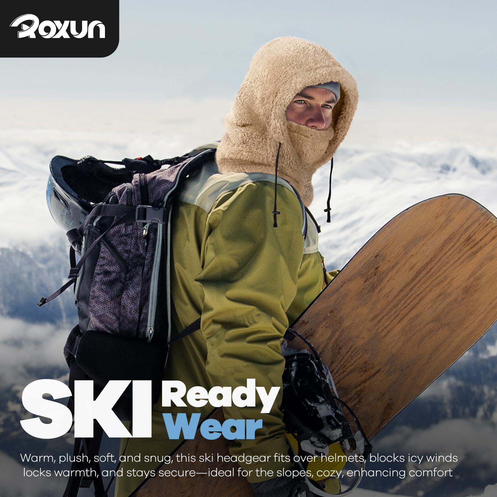 ROXUN Ski Mask Fleece Balaclava, Windproof Face Mask Winter Warm Neck Cover Hat Hood for Men Women Black