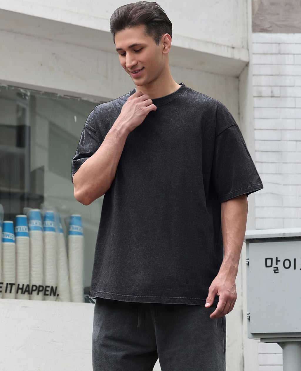KEEPSHOWING Men's Cotton T-Shirts Oversized Unisex Short Sleeves Casual Loose Wash Solid Basic Tee Tops(A-Black XL)