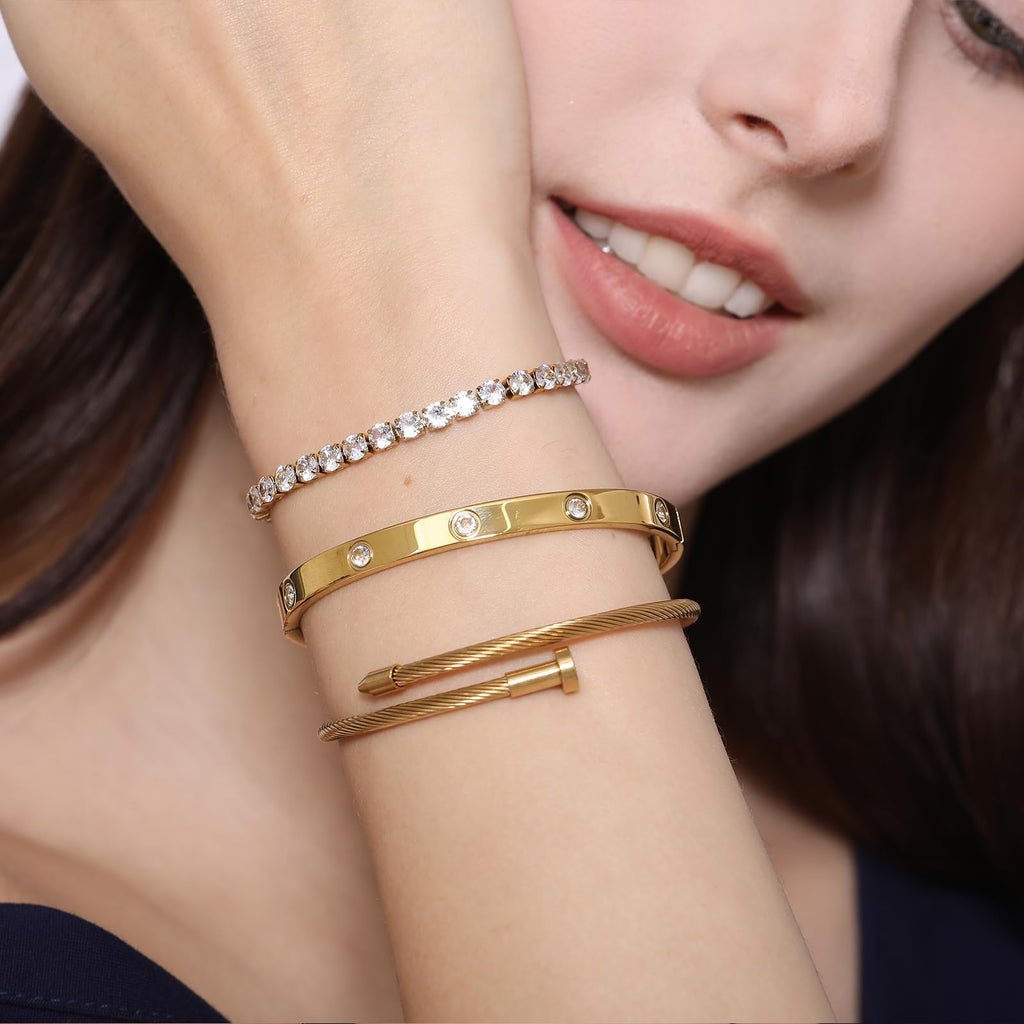A D. 18 K Gold Plated Love Bangle Bracelet Set Stackable Cubic Zirconia Chain Bracelet Stainless Steel Chain Gold Bangle Bracelets for Women Valentine's Day (3 Sets(Tennis,Bangle))