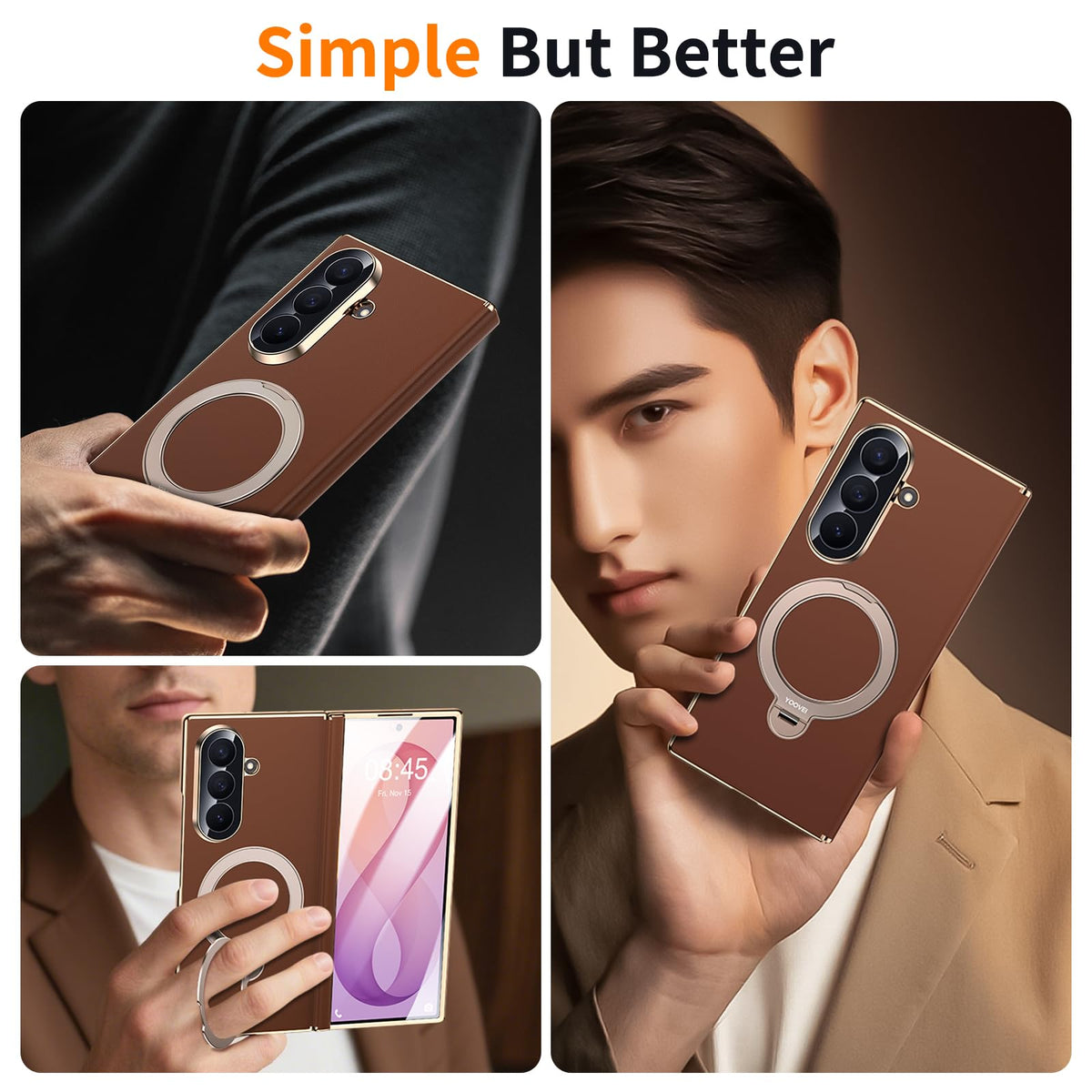 YOOVEI Magnetic for Samsung Galaxy Z Fold 8 Ultra Case Luxury Leather [Hinge Protection] Built-in [Screen Protector] [Fit for MagSafe] Zfold 8 Ultra Case with Kickstand & Ring Holder,Brown