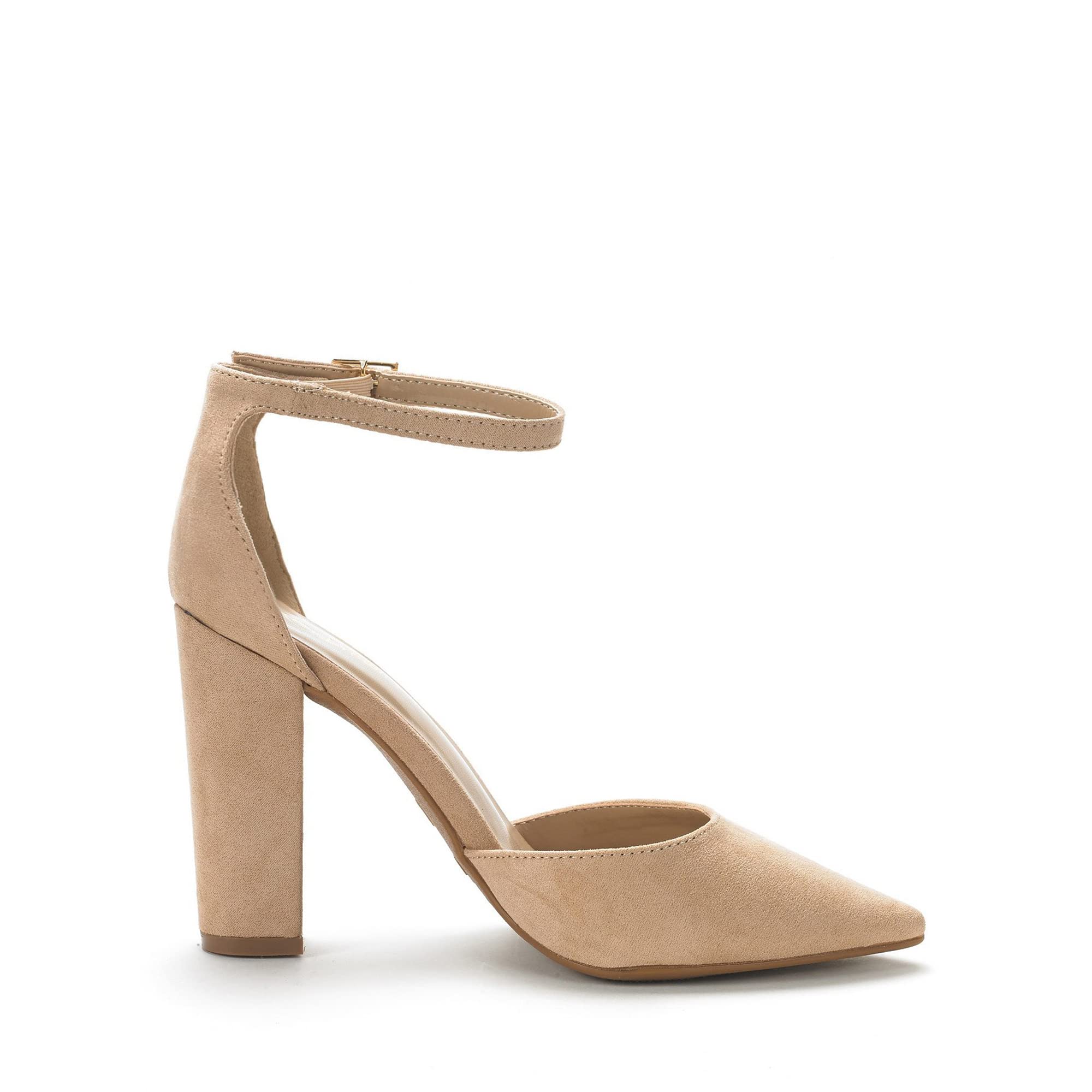 DREAM PAIRS Women's Coco High Heels Chunky Block Pumps Pointed Closed Toe Ankle Strap Dress Shoes,Size 10,Nude/Suede,Coco