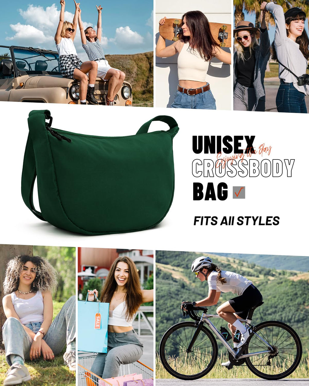 Crossbody Sling Bag for Women Men Trendy, Crescent Bag with Adjustable Strap, 2 Zippers Lightweight Nylon