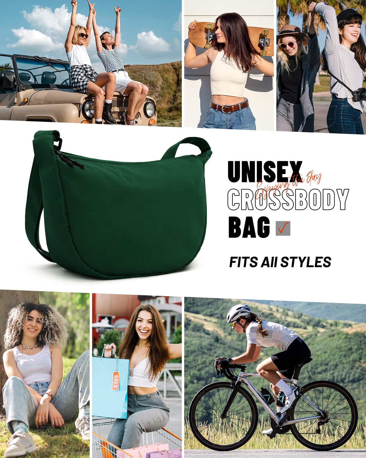 Crossbody Sling Bag for Women Men Trendy, Crescent Bag with Adjustable Strap, 2 Zippers Lightweight Nylon