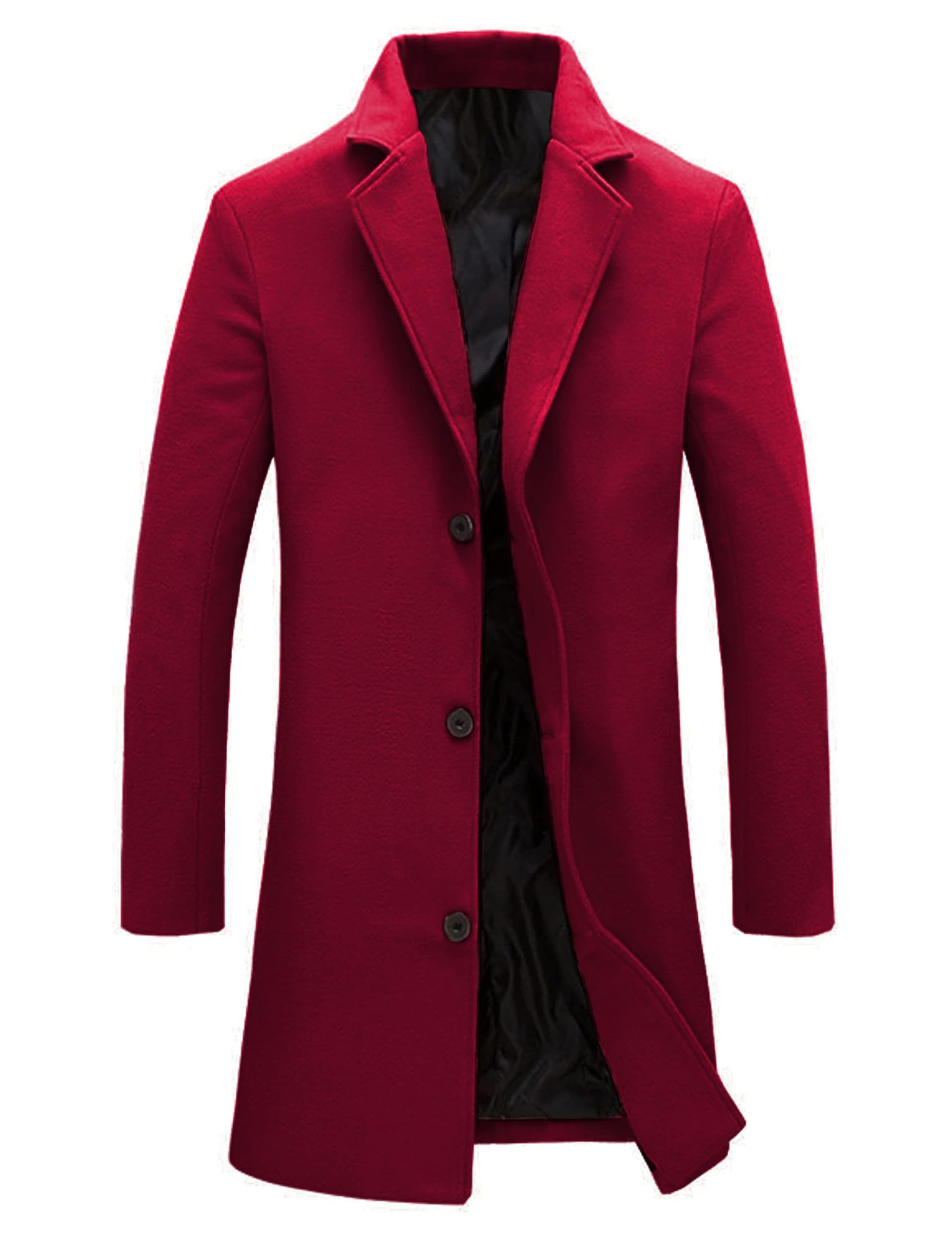 Springrain Men's Wool Blend Pea Coat Notched Collar Single Breasted Overcoat Warm Winter Trench Coat(Red-S)
