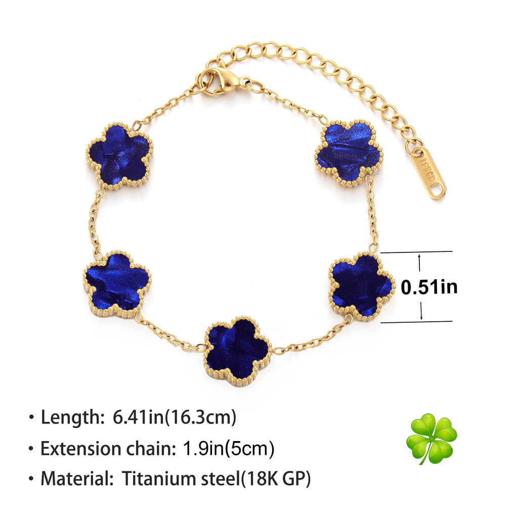 TICVSS Four Leaf Clover Bracelet for Women 18K Gold Plated Stainless Steel Lucky 4 Leaf Gold Link Bracelet Jewelry Gift for Women (Dark blue)