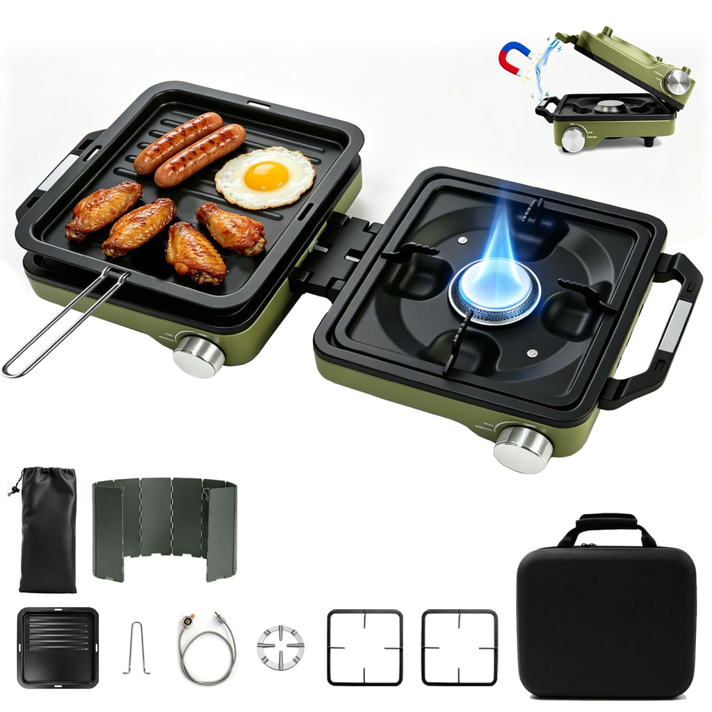 2 Burner Camping Stove with Windshield, 24000 BTU Propane Camp Stove, Portable Folding Camp Stove with Frying Pan, Coffee Stand & Carry Bag, Camping Essentials for Picnic, RV, Camp kitchen, Green