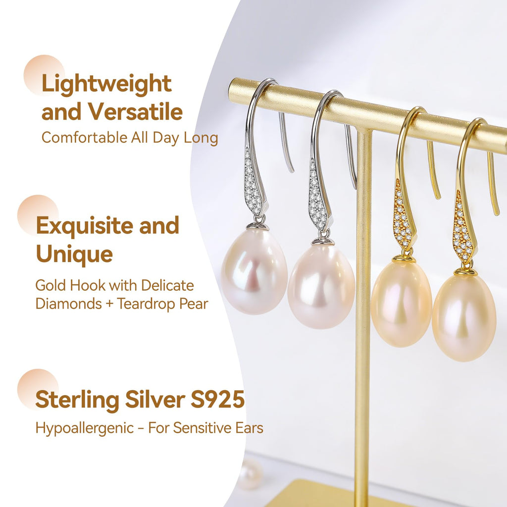 Pearl Drop Earrings for Women, Gold Plated & 925 Sterling Silver, Pink & White Dangle Earrings, Dainty Cute Elegant Bridal Wedding Gift for Her