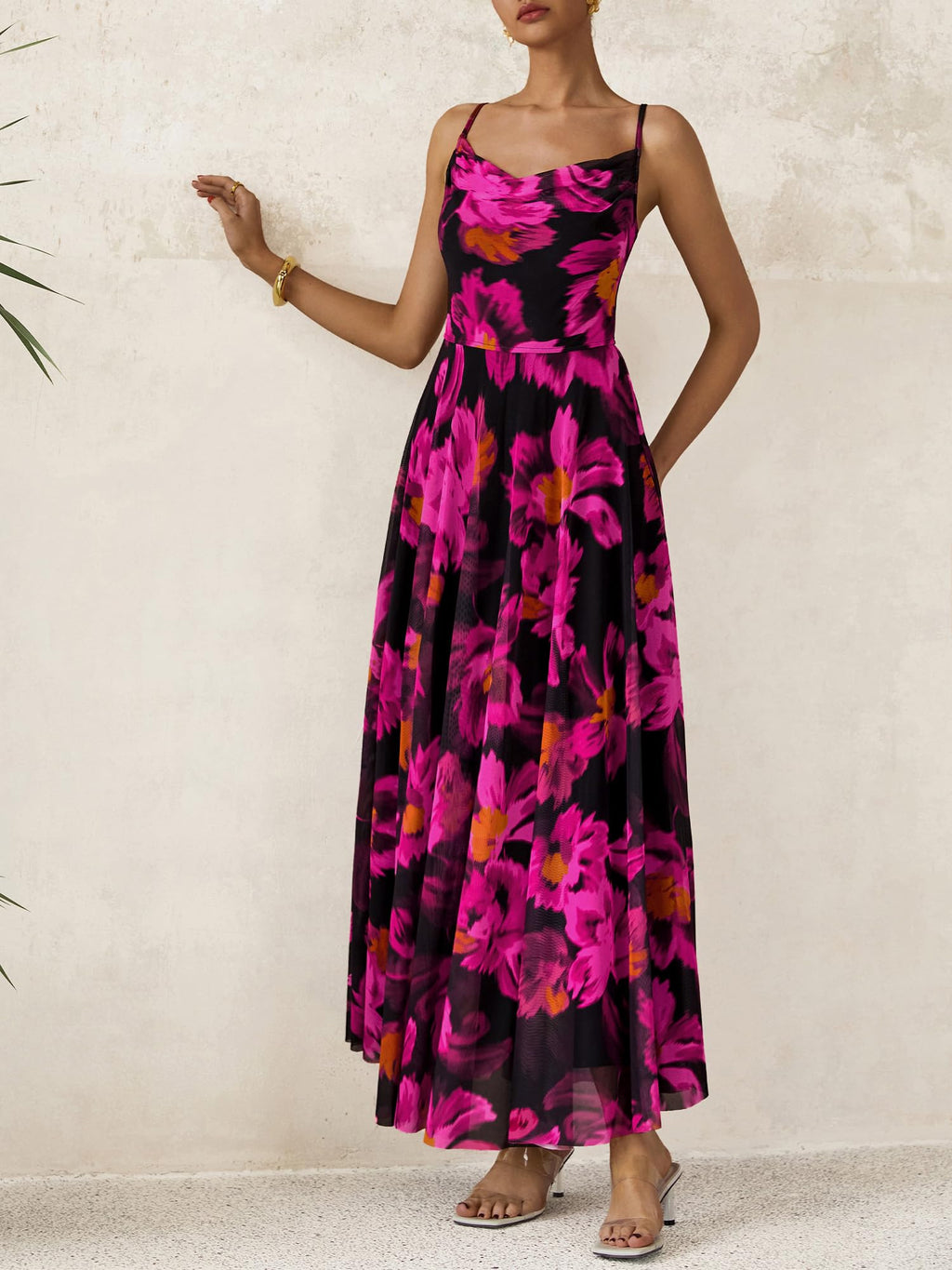BTFBM Women Summer Floral Maxi Dresses Elegant Spaghetti Strap Dress Printed Party Dress Beach Long Dresses(Floral Black Rose Red,Large)