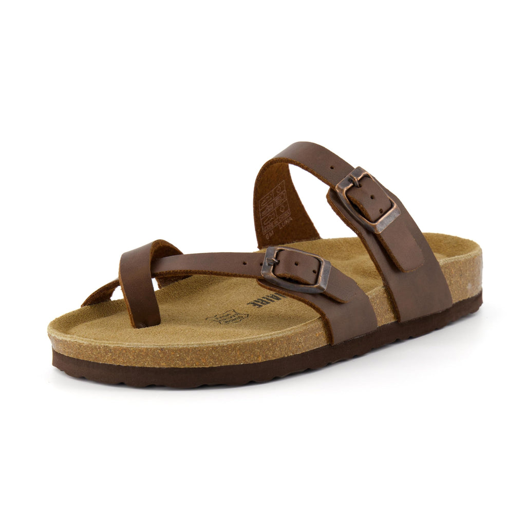 CUSHIONAIRE Luna Sandals for Women, Cork Footbed Womens Sandals for Summer Comfort with Adjustable Straps, Wide Width Available, BROWN 6.5W