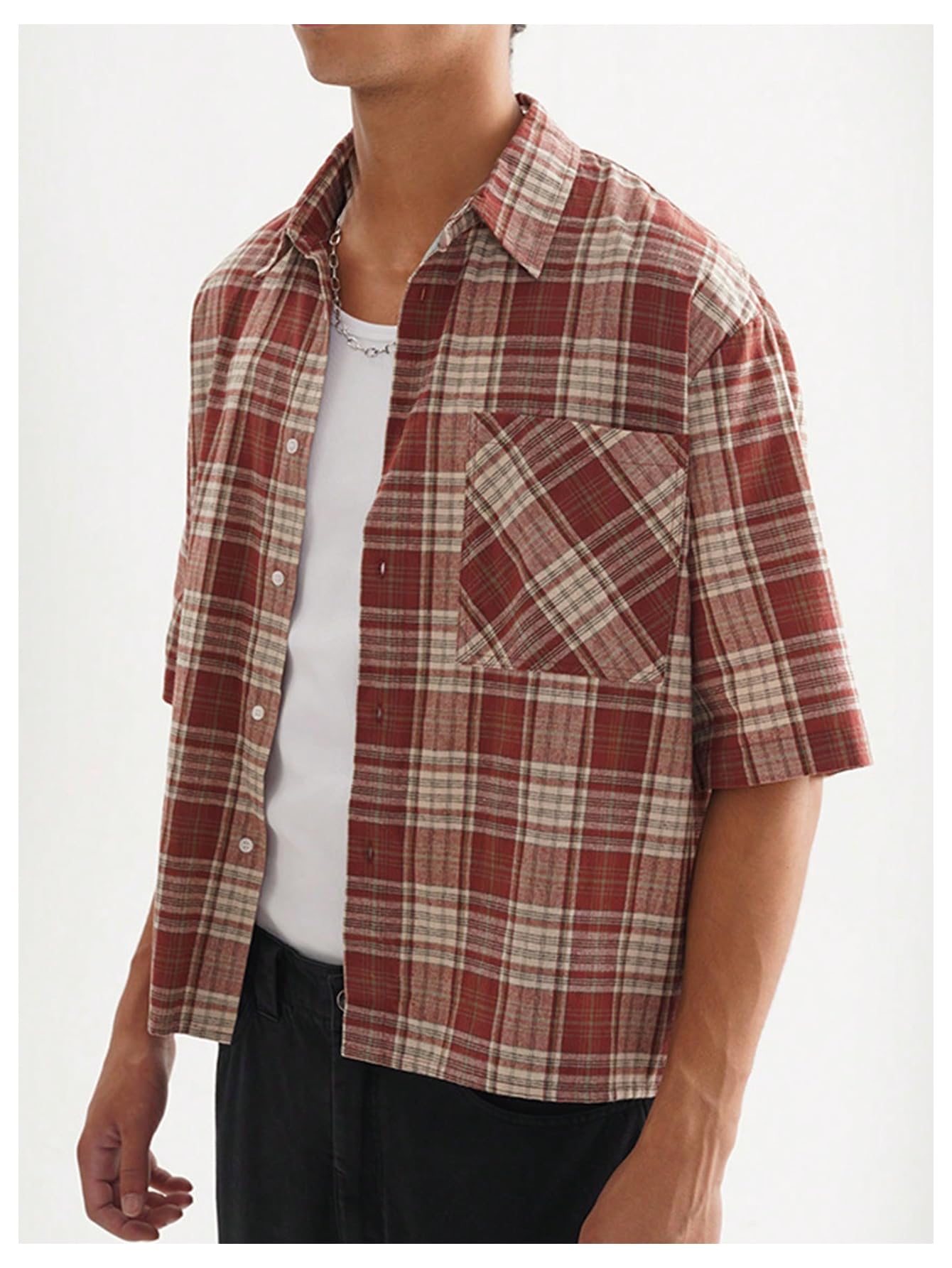 VIPWOLF Men's Plaid Gingham Cropped Shirts Button Down Baggy Half Sleeve Loose Fit Shirt Crop Tops Red Plaid Small