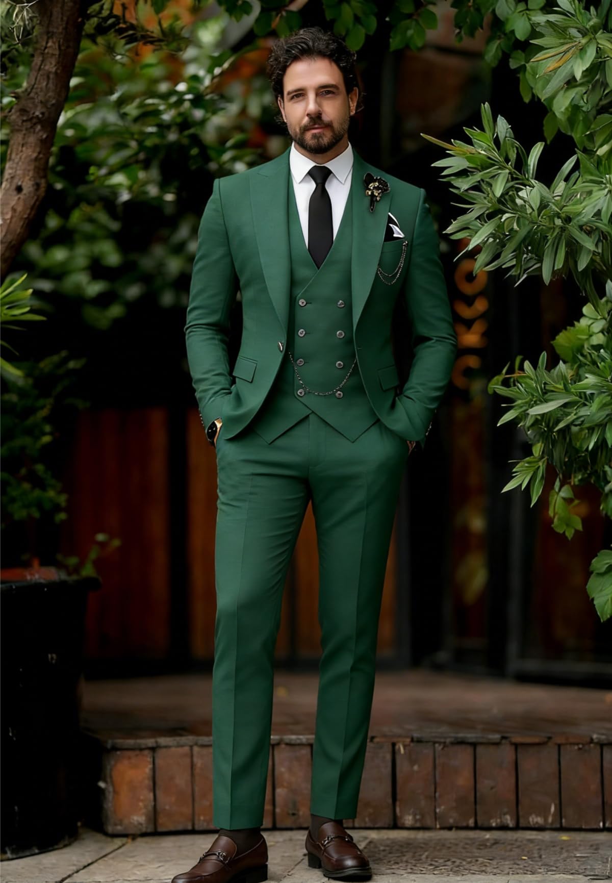 Wangyue 3 Piece Suit Slim Fit Double Breasted Mens Suits for Wedding Party Formal Prom One Button Blazer Vest Pants Sets Tailored Suits Large Tuxedo Business Hunt Green
