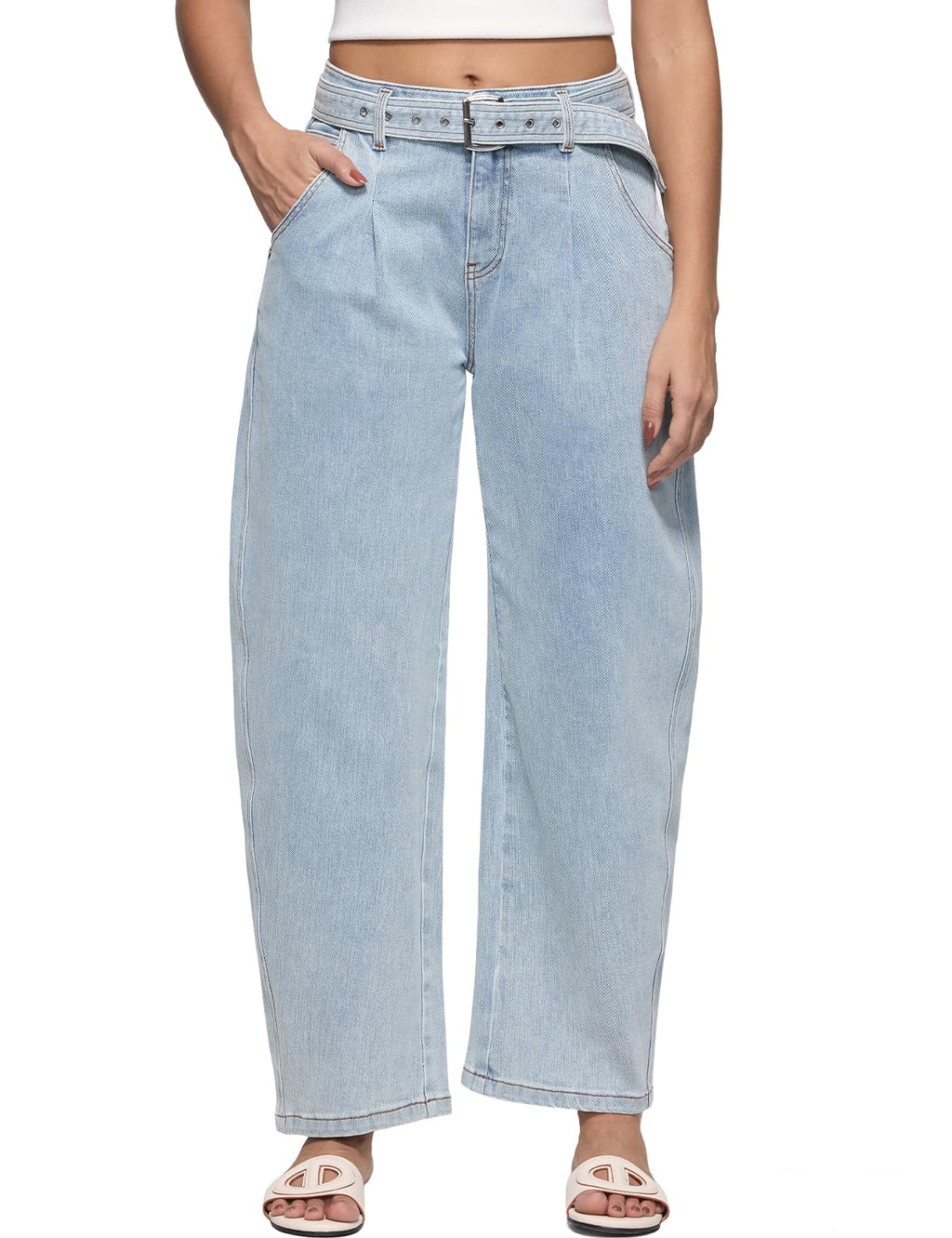 ZPIUO Barrel Jeans for Women - High Waisted Baggy Wide Leg Stretchy Denim Pants with Detachable Belt - Ice Blue Size 14