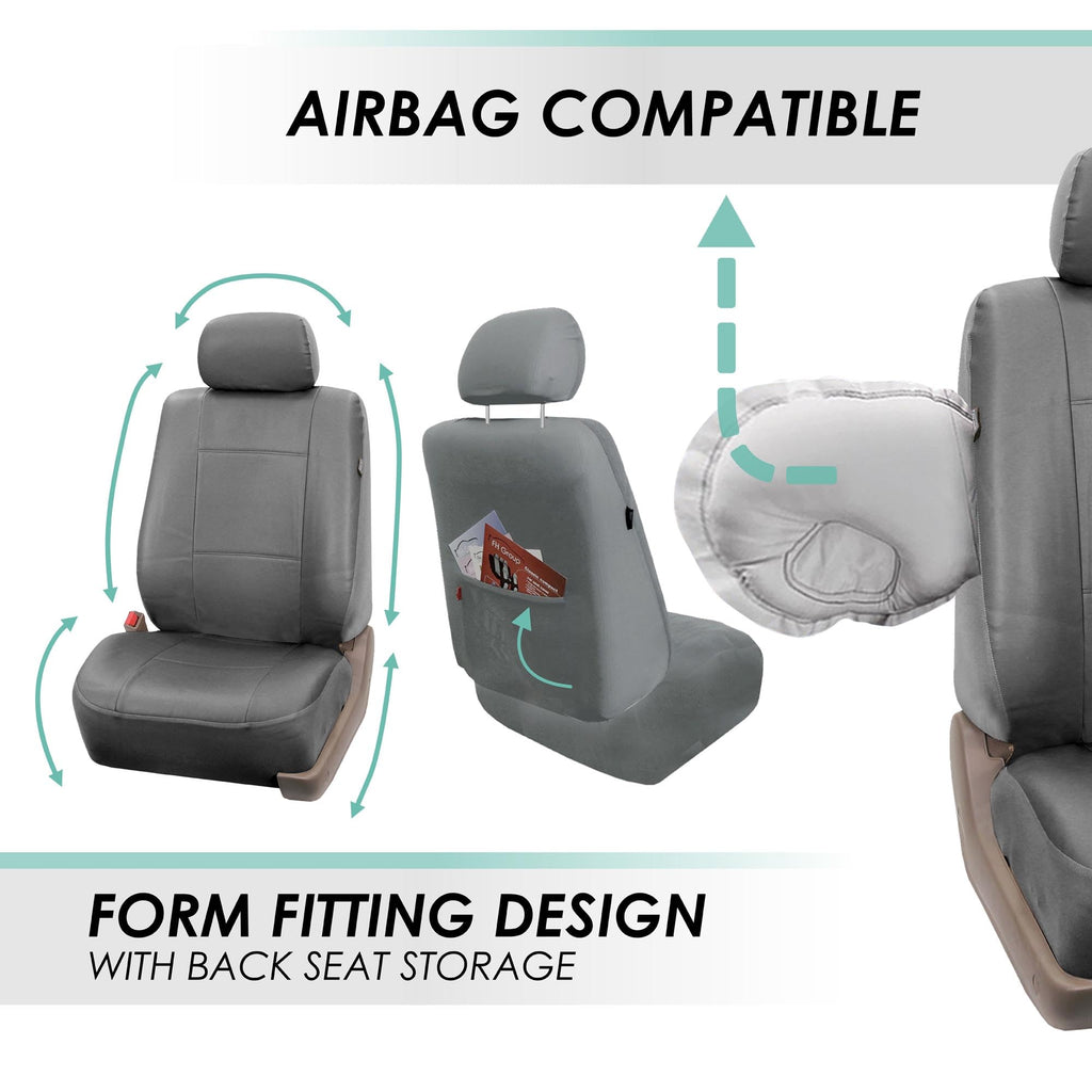 FH Group Classic PU Leather Pair Set Car Seat Covers, Airbag Compatible with Gift - Universal Fit for Cars Trucks & SUVs (Solid Gray) PU002102