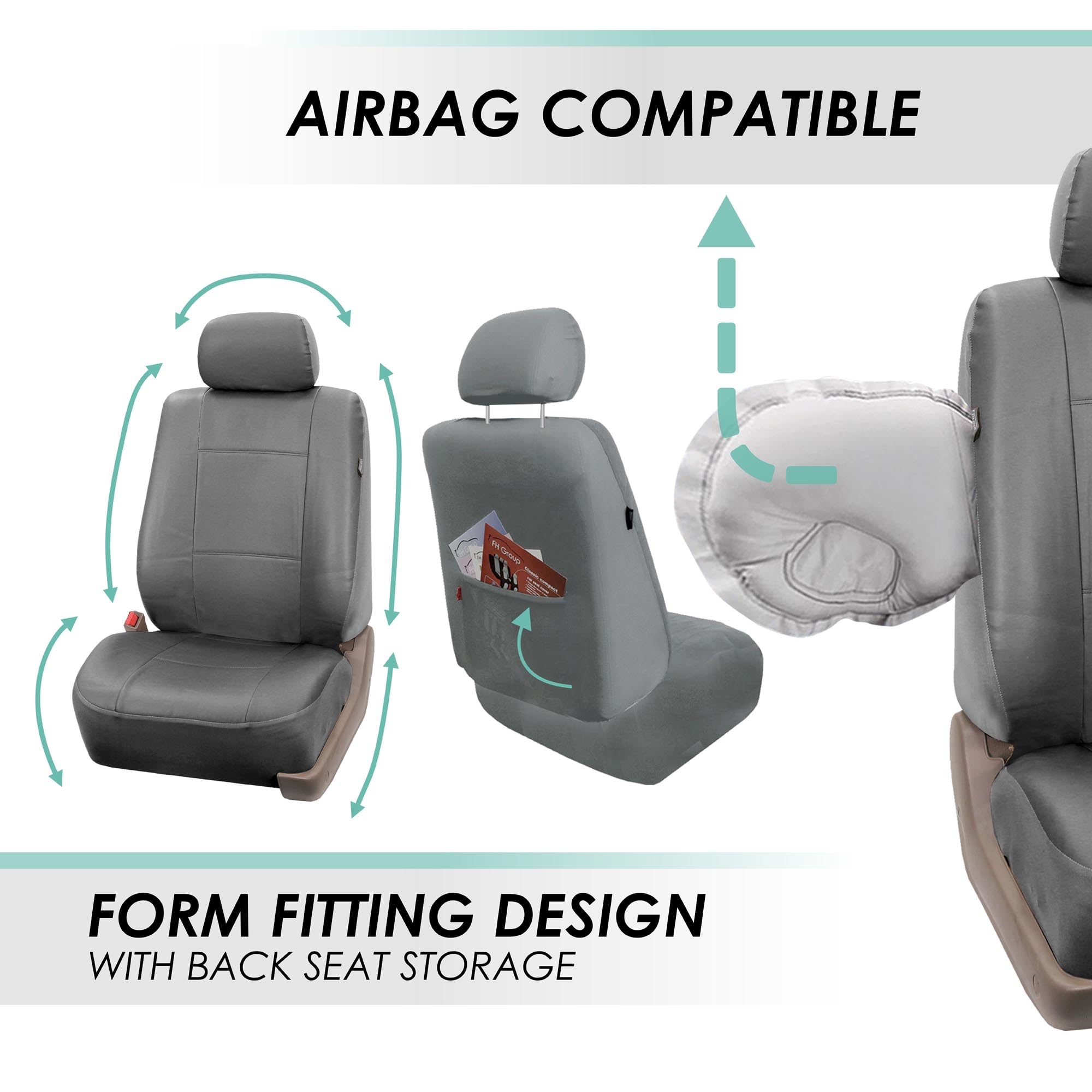 FH Group Classic PU Leather Pair Set Car Seat Covers, Airbag Compatible with Gift - Universal Fit for Cars Trucks & SUVs (Solid Gray) PU002102